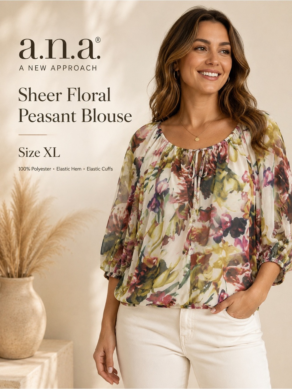 a.n.a Sheer Floral Peasant Blouse in‎ Cream, Green, Pink